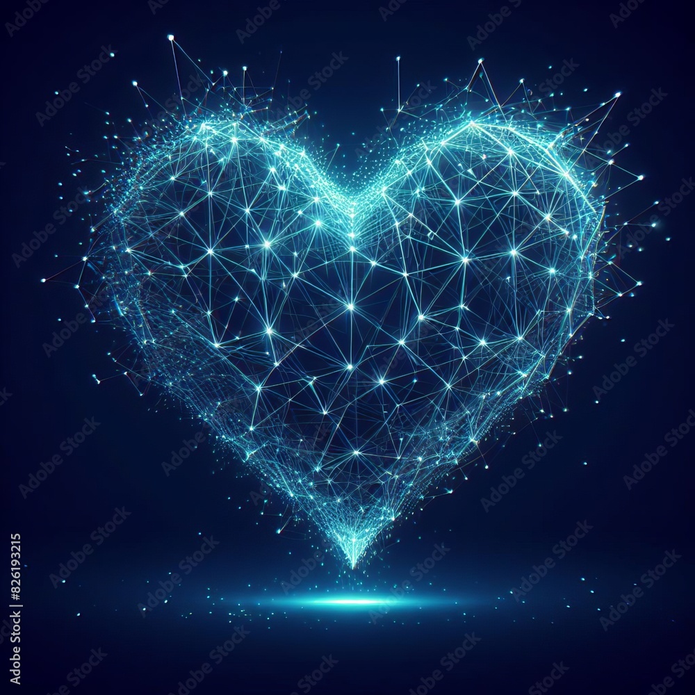 Poster a luminous heart-shaped structure made of interconnected lights and nodes, set against a dark backgr