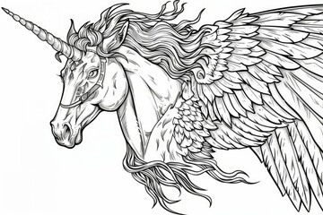 Black and white line drawing of a mythical winged unicorn with flowing mane
