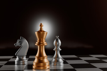 Chess pieces on a board with a dark background, featuring a king, bishop, and knight.3d rendering.