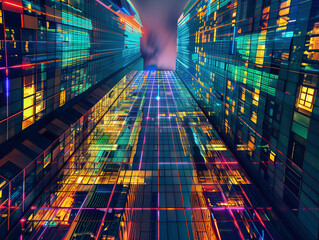 Futuristic cityscape with vibrant neon lights reflecting on sleek skyscrapers, perfect for tech and sci-fi themed content. High-resolution digital art capturing modern architecture and urban energy.