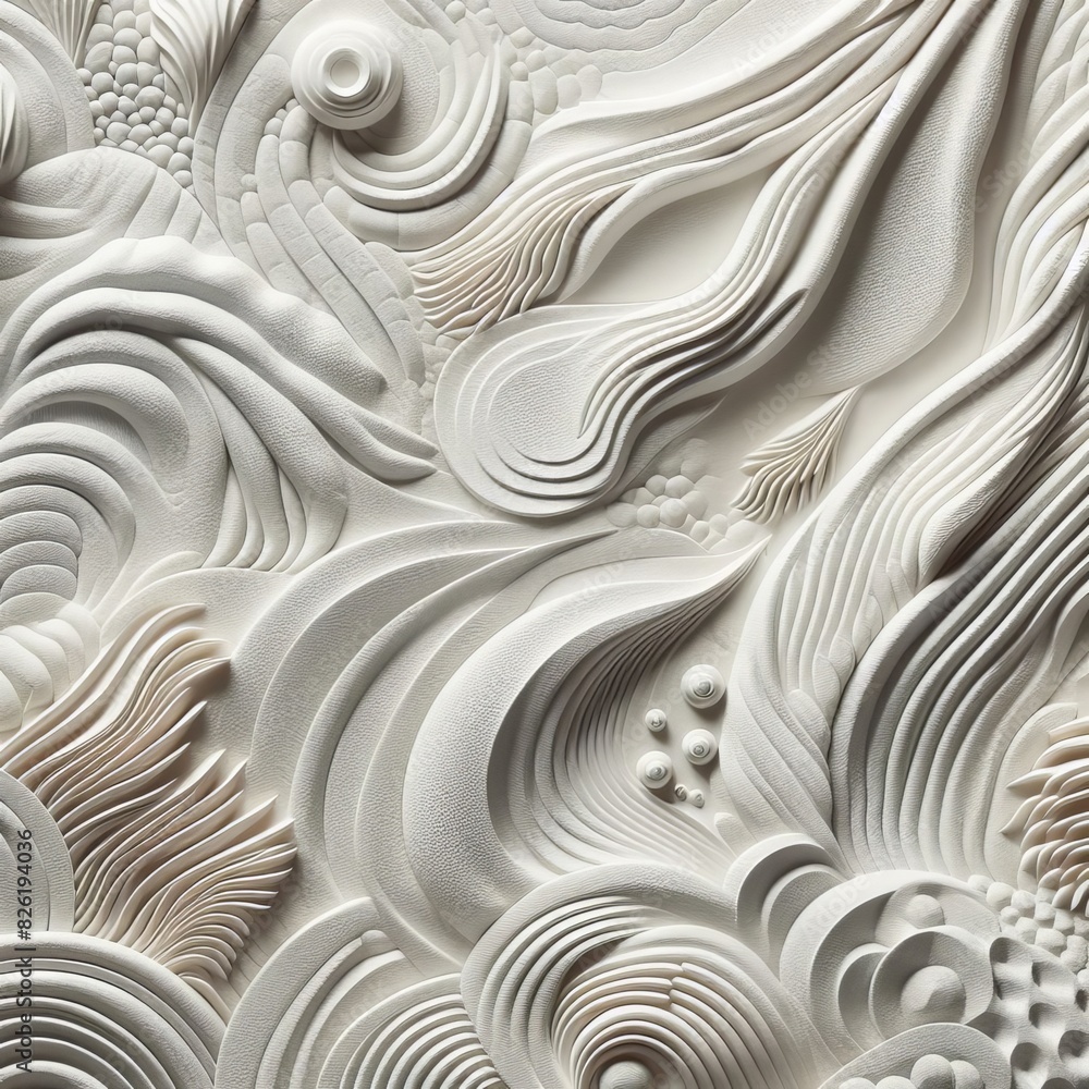 Poster highly detailed white abstract sculpture resembling waves and curves, symbolizing fluidity and motio