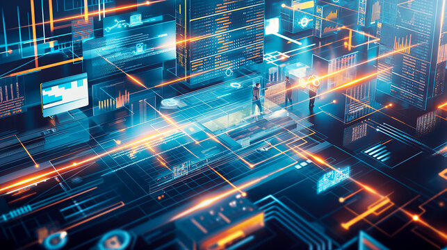 A computer screen with a lot of lines and numbers. The image is of a city with people walking around and looking at the screen. Scene is futuristic and technological