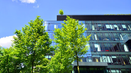 Sustainable glass office building with trees for reducing carbon dioxide. Eco-friendly building in...