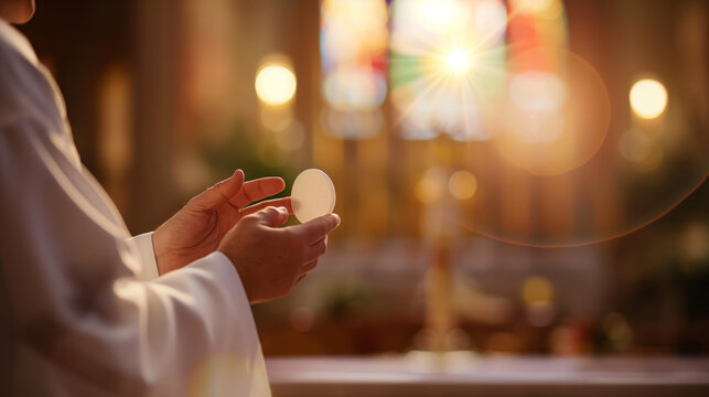 Close-up of a priest's hands holding a communion wafer with church windows in the background