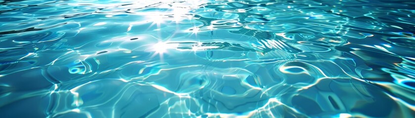 Obraz premium Clear pool water with sunlight reflections, leaving space for text