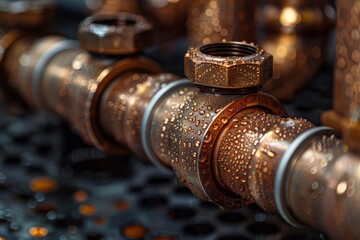 Macro photography of interconnected brass pipes with water droplets, highlighting precision and industrial design
