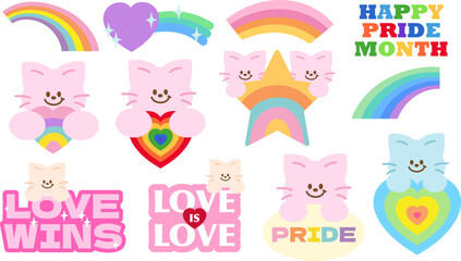 Happy Pride Month with Cat and rainbow elements for logo, icon, sticker, tattoo, pet, vet, pet shop, decorations, shirt print, love sign, symbol, plush toy, dolls, cartoon, character, comic, mascot