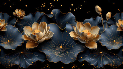 Delicate hand-drawn lotus leaves in gold line art on an art background, suitable for wallpaper, decor, print, and textile design projects.