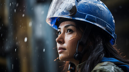 Asian woman worker. Beautiful woman worker in blue suit