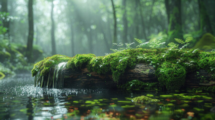 Moss covering a log in a moist forest, highlighting the rich textures and serene atmosphere of nature.