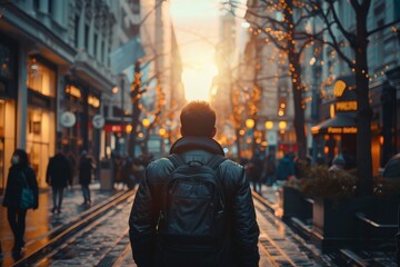 Obraz premium A man with a backpack is walking away on a cobblestone street at dusk with festive lights in the background