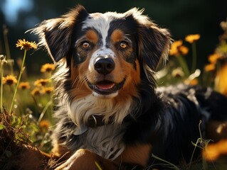 Portrait of a cute mixed breed dog lying on the ground in autumn