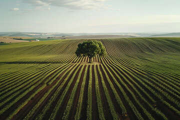 Aerial view of vast, open farmland with a lone tree as the focal point. Emphasize the expansiveness and simplicity of the landscape, with the uniform rows of crops 