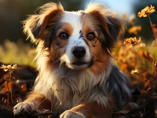 Fototapeta premium Portrait of a cute mixed breed dog lying on the ground in autumn