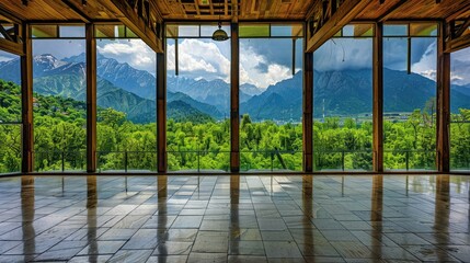 Fototapeta premium Minimalist wooden house with large terracotta tiles, modern architecture in the mountains. Granite and wood materials, views of the green valley.