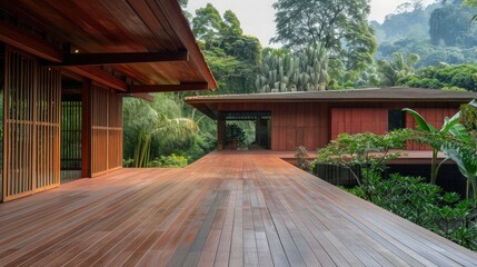 Minimalist wooden house with large terracotta tiles, modern architecture in the mountains. Granite and wood materials, views of the green valley.