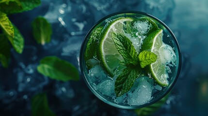 top view of fresh mint and lime drink in glass, on dark blue background with scattered green leaves, minimalist photography, simple composition, natural light.