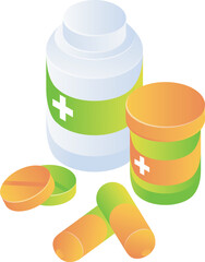 Pills and capsule and bottle pharmacy of isometric style