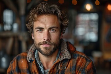 Obraz premium Casual, handsome man smiles gently in a rustic bar or restaurant setting