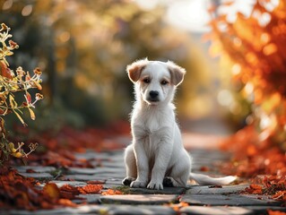 Cute dog puppy is sitting in the autumn park.