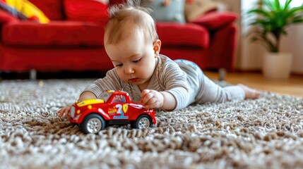 a cute baby boy dressed in a gray bodysuit, joyfully playing with a toy car on a soft carpet in the comfort of his home.