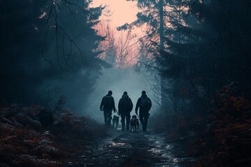 A group of people walking with a dog in the dark forest. Search and rescue operations