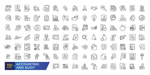 Accounting and audit icons set. Related to accounting, audit, taxes. Outline icon collection. Editable stroke illustration. Vector ui and web icon.