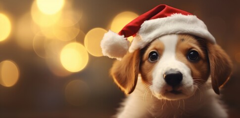 Cute puppy in santa hat on bokeh background