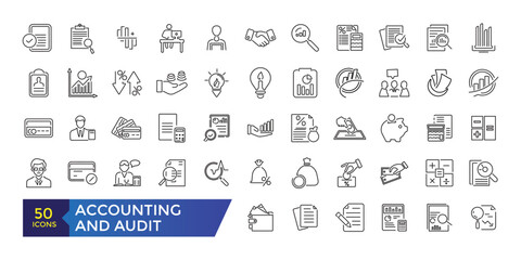 Accounting and audit icons set. Related to accounting, audit, taxes. Outline icon collection. Editable stroke illustration. Vector ui and web icon.