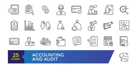 Accounting and audit icons set. Related to accounting, audit, taxes. Outline icon collection. Editable stroke illustration. Vector ui and web icon.