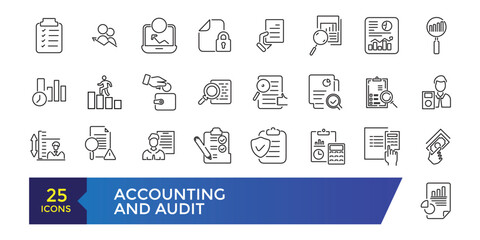 Accounting and audit icons set. Related to accounting, audit, taxes. Outline icon collection. Editable stroke illustration. Vector ui and web icon.