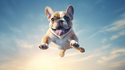 Cute dog jumping up over blue sky background
