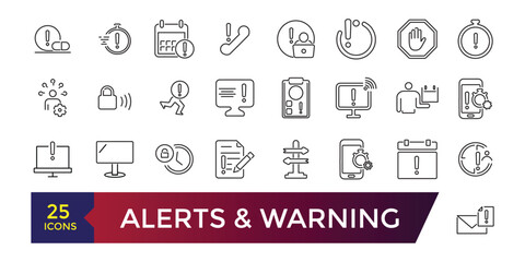 Alerts and Warning Line Icons. Contains such Icons as Alert, Exclamation Mark, Warning Sign and more. Editable stroke illustration. Vector ui and web icon.