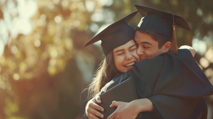 Two happy graduates embracing in celebration, wearing academic dresses and caps, warm sunlight background