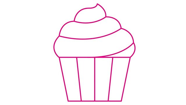 Animated magenta linear cupcake is drawn. Line pink symbol of cake. Concept of bakery, cafe, dessert, sweet food. Looped video. Vector illustration isolated on white background.