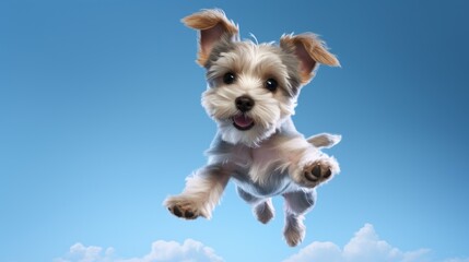 Cute dog jumping up over blue sky background