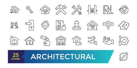 Architectural icon set. Line icons of architecture project for engineer documents and plans. Editable stroke illustration. Vector ui and web icon.