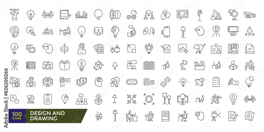 Aufkleber design and drawing icons set. line icons of design and arts. editable stroke illustration. vector ui