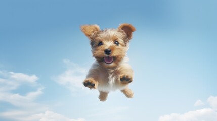 Cute dog jumping up over blue sky background