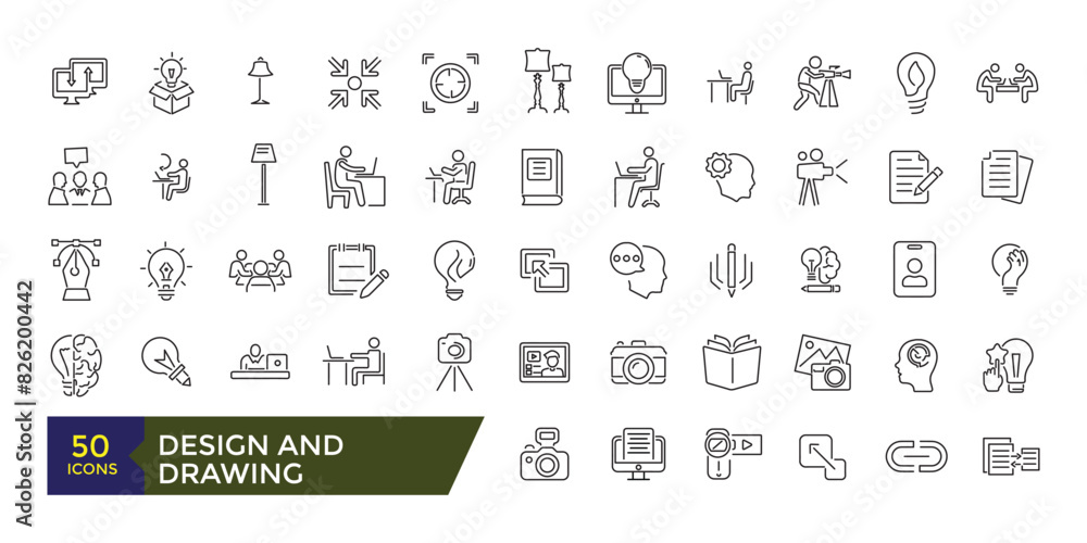 Poster design and drawing icons set. line icons of design and arts. editable stroke illustration. vector ui