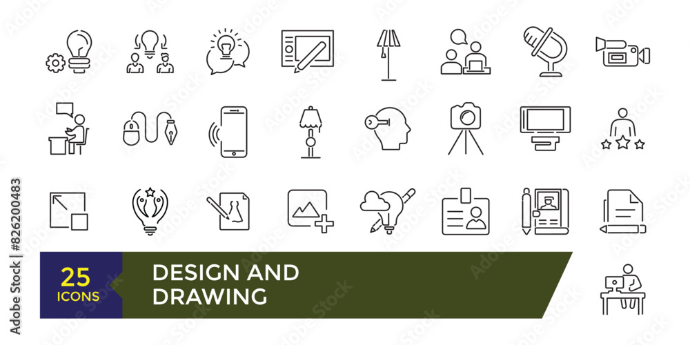 Poster design and drawing icons set. line icons of design and arts. editable stroke illustration. vector ui