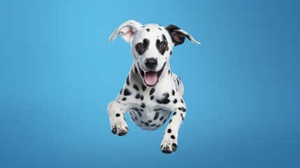 Cute dalmatian dog jumping up over blue sky background