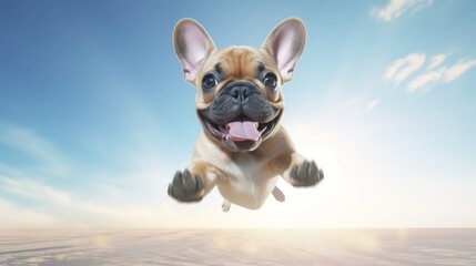 Cute french bulldog jumping up over blue sky background