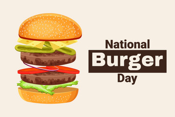 National Burger Day. Junk food day. Fast food day.  Cartoon Vector illustration. Burger in comic style.  Holiday and celebration. Retro. Fast food and burger concept. Cafe and restaurants. Takeaway . 