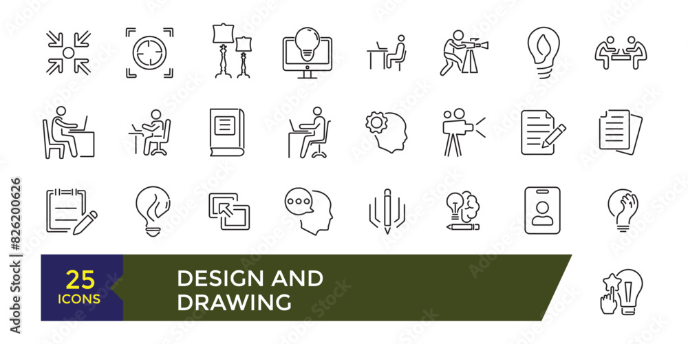 Poster design and drawing icons set. line icons of design and arts. editable stroke illustration. vector ui