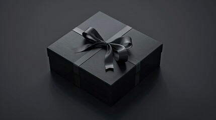 Black gift box with ribbon on a dark background, minimalistic design, matte texture, empty space around the product.