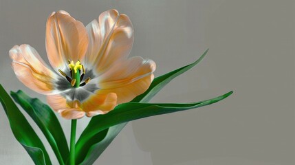 Fototapeta premium A yellow flower in a glass vase on a white table against a gray wall