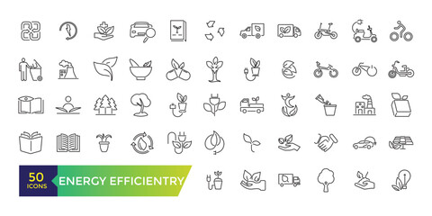 Energy efficiency icon set. energy-saving light bulb, solar panel, circular economy, battery, home insulation. Editable stroke illustration. Vector ui and web icon.