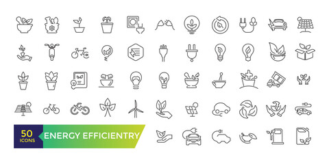 Energy efficiency icon set. energy-saving light bulb, solar panel, circular economy, battery, home insulation. Editable stroke illustration. Vector ui and web icon.