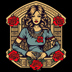 Enchanting Sovereign: A Lovely Queen in a Realm of Black and Gold Roses, Tribal Thorns, and Skulls. Merging Oriental Art with Halloween Mystique. Artwork Created using Generative AI.